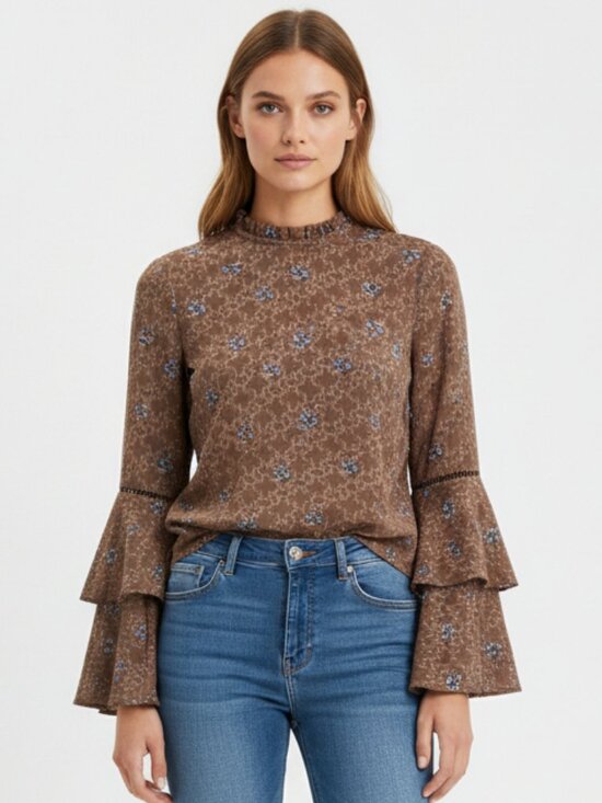 WAYF Bell Sleeve Floral Mock Neck Peasant Blouse - Picture 1 of 7